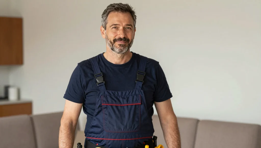 Porträt einer Elektrofachkraft in Arbeitskleidung.