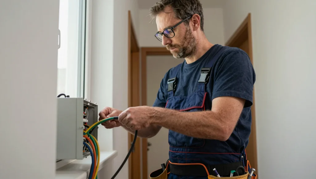 Sauber verdrahtete Abzweigdose während einer Elektroinstallation