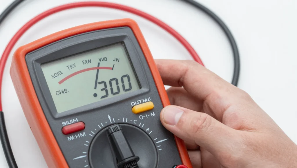 Spannungsmessung mit einem Multimeter im Rahmen einer Elektroprüfung.