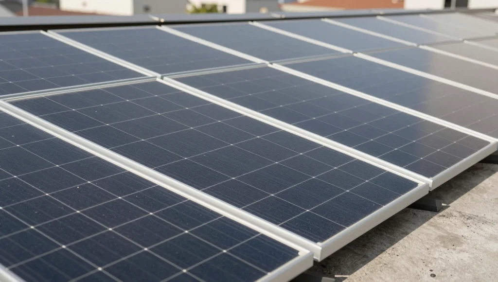 Detailaufnahme einer Photovoltaikanlage auf dem Dach