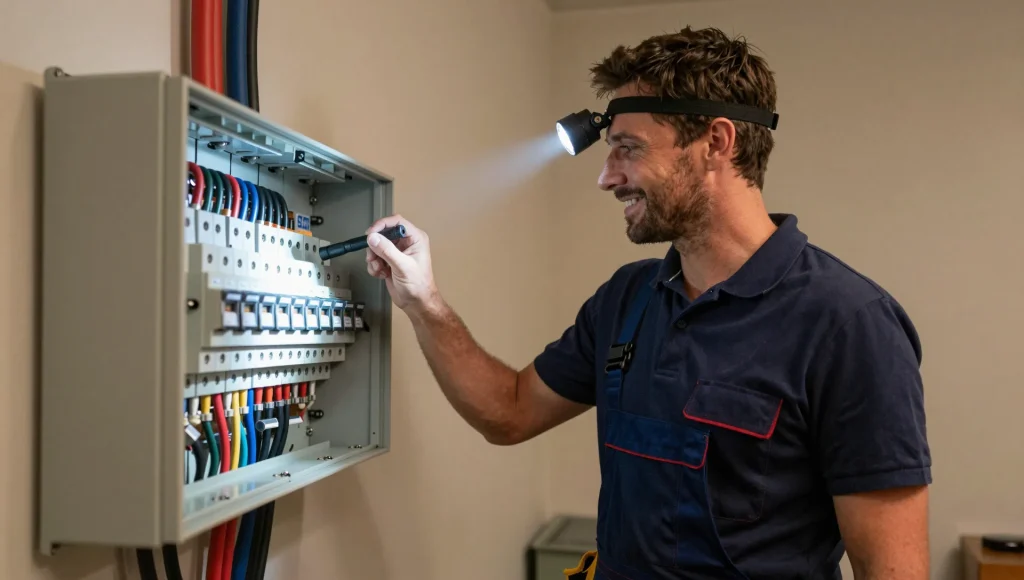 Elektrofachkraft bei der Fehlersuche nach einem Stromausfall.