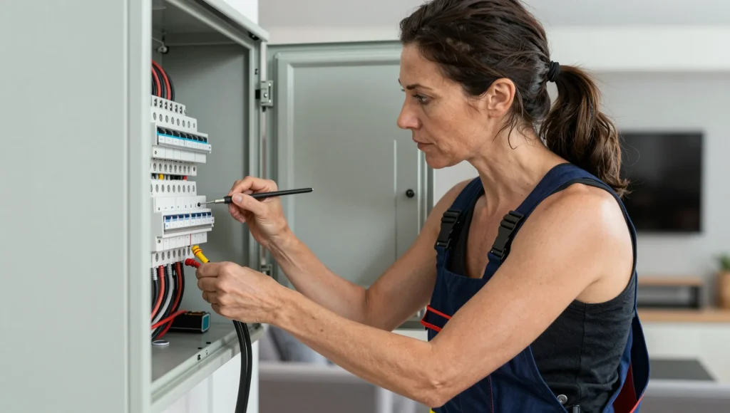 Verteilerschrank wird im Rahmen einer Elektroinstallation neu verkabelt
